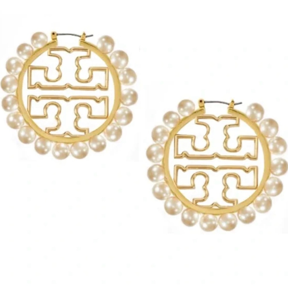 **SOLD***Tory Burch Gold and Pearl Logo Earrings